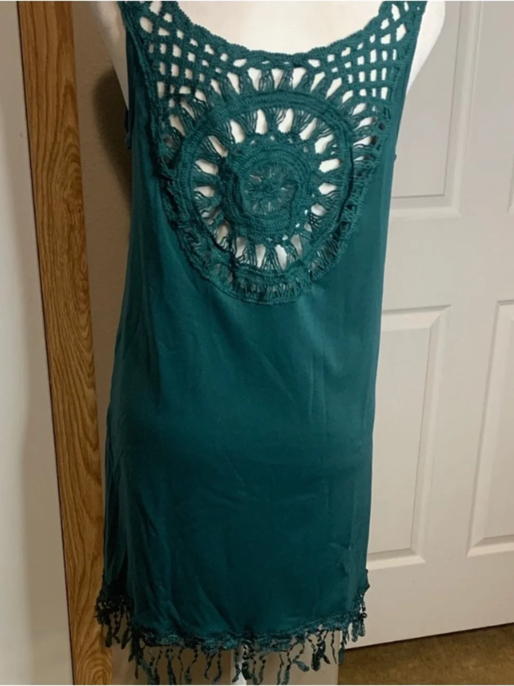 BOHO Crochet Hem Sleeveless Tank Dress Hunter Green - Picture 4 of 7